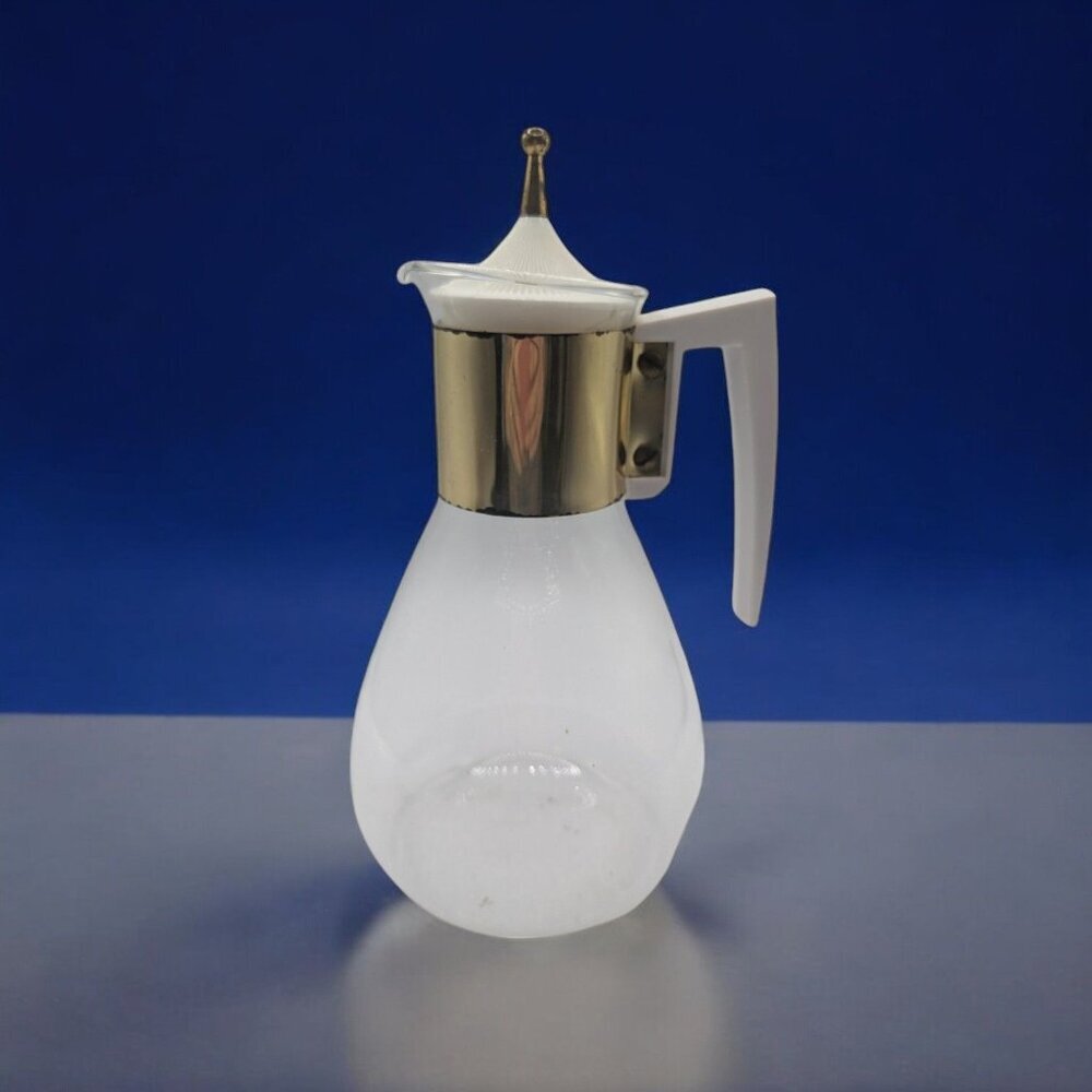 Vtg Clear Glass MCM Coffee Carafe Gold Neck Band Mid Century